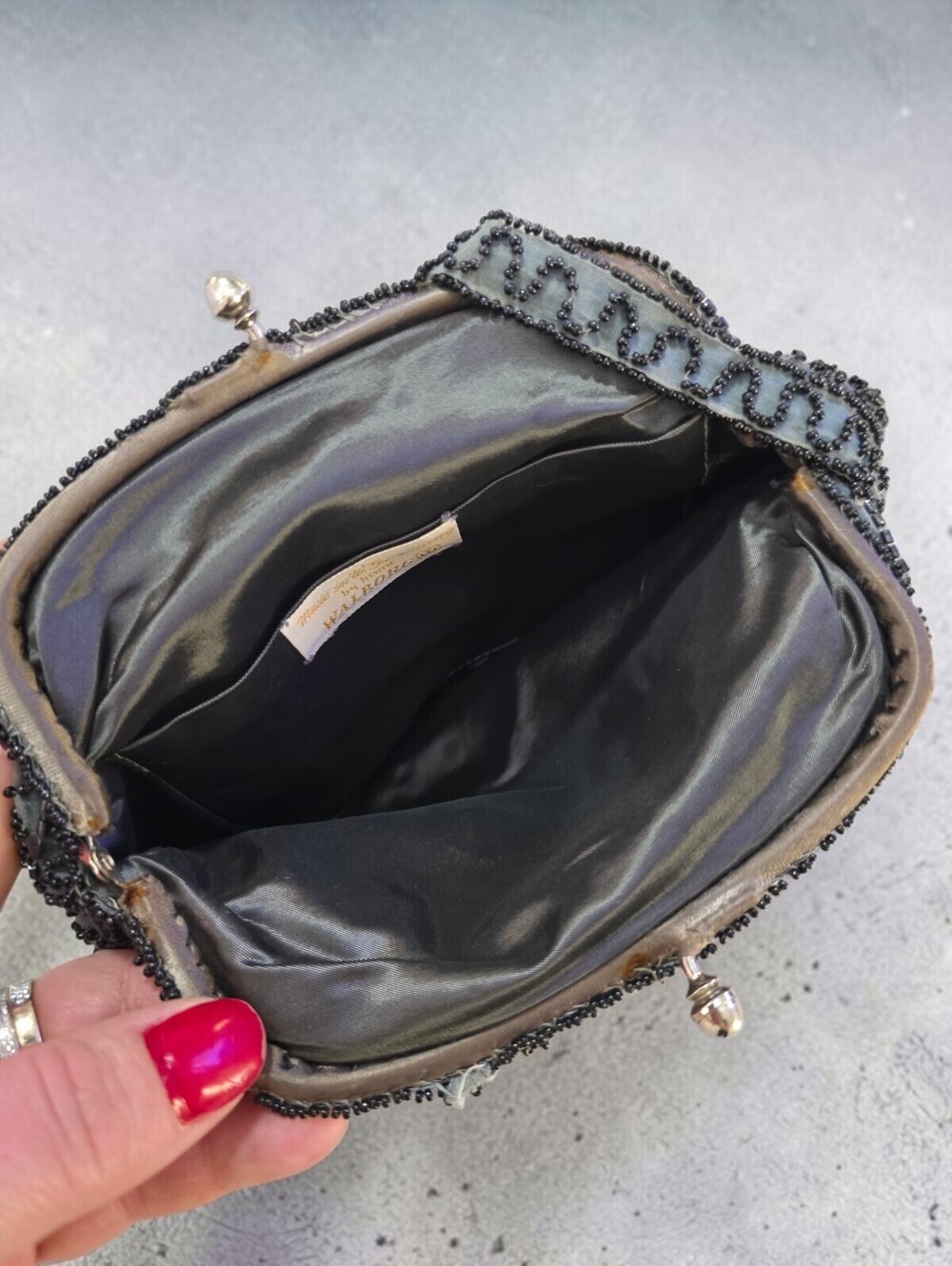 Vintage Walborg Made in W Germany Black Beaded Evening Bag Kiss Lock Handbag - Picture 4 of 6